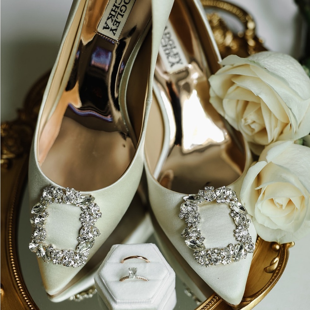 Badgley Mischka Ivory Satin Pointed-Toe Heels with Crystal Buckles